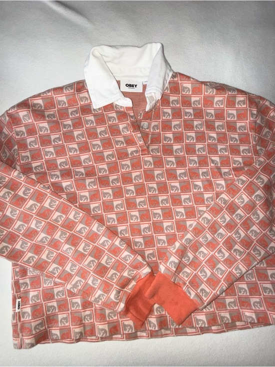 Obey Tops - Obey Andre the Giant Orange Patterned Crop Rugby Shirt Rare
